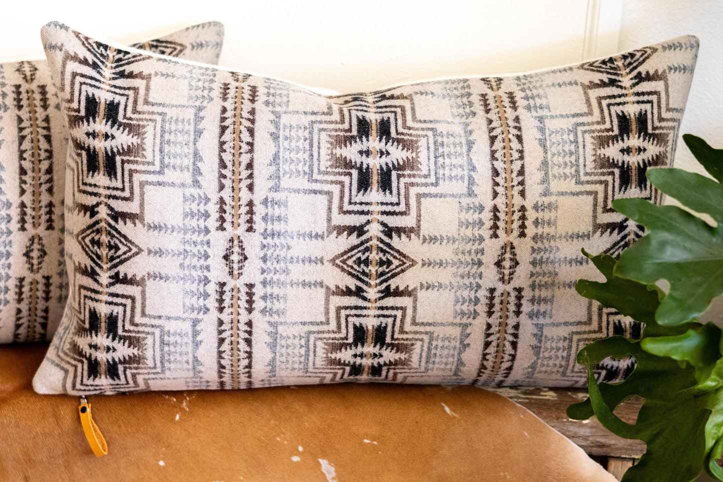 Patterned pillow on a couch with a plant in the background