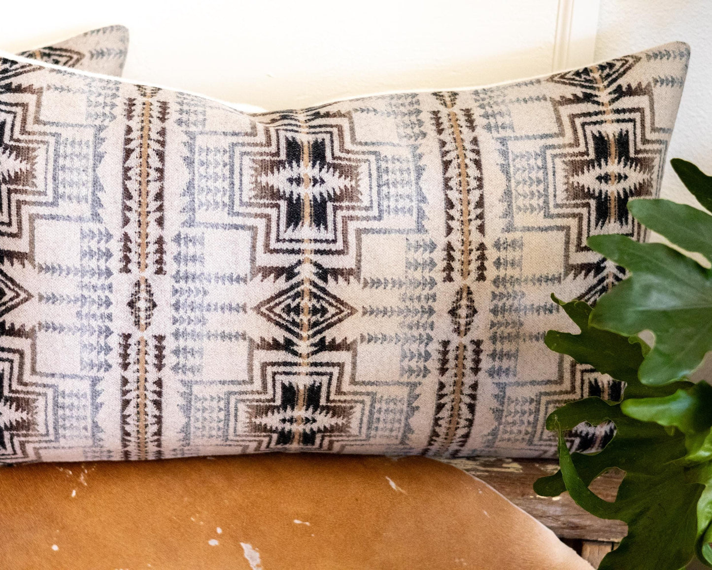 Patterned Pendleton® pillow on a couch with a plant in the background