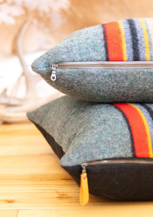 Yakima Camp Wool Blanket Pillow Cover — Green Heather Stripe • Rustic Cabin Pillow • Neutral Cozy Decor