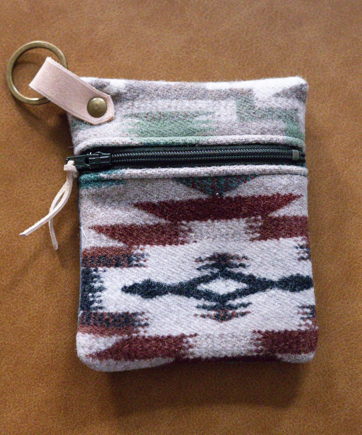 Southwestern style Wool Clutch Zippered ID Holder Small Key Fob Wallet Coin Purse
