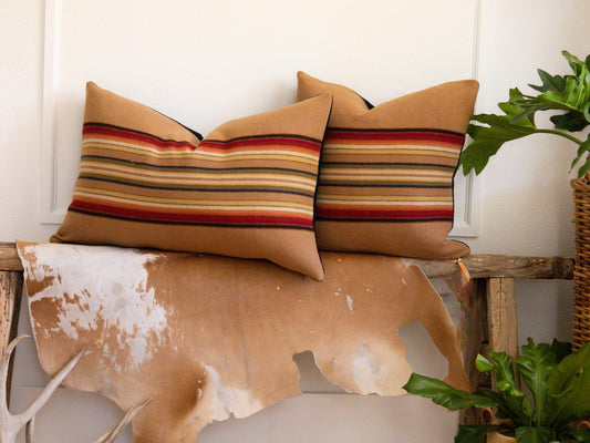 Decorative pillows with striped patterns on a wooden bench with a cowhide rug.