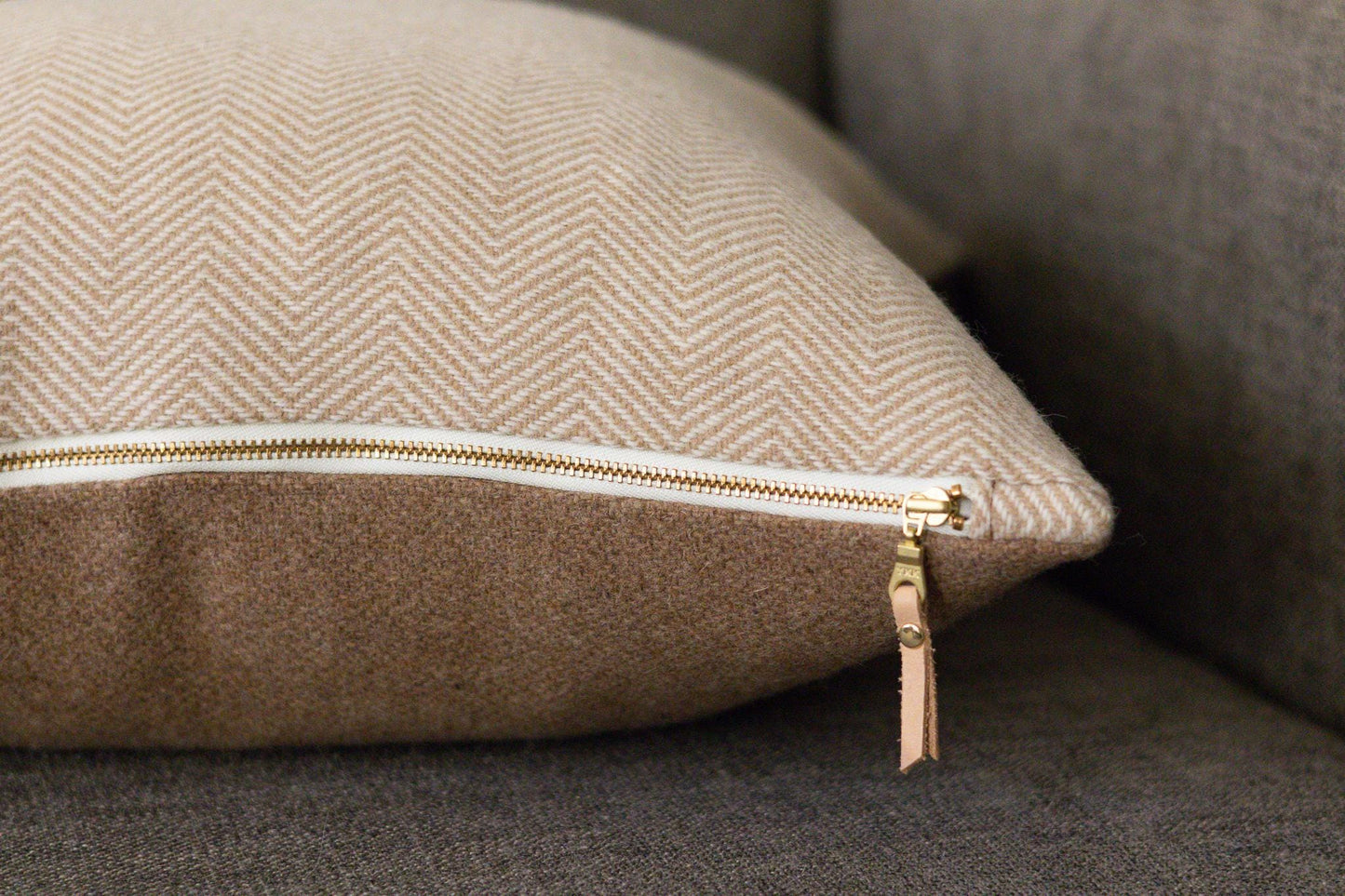 Camel & Cream Herringbone Wool Pillow Cover – Ready to Ship