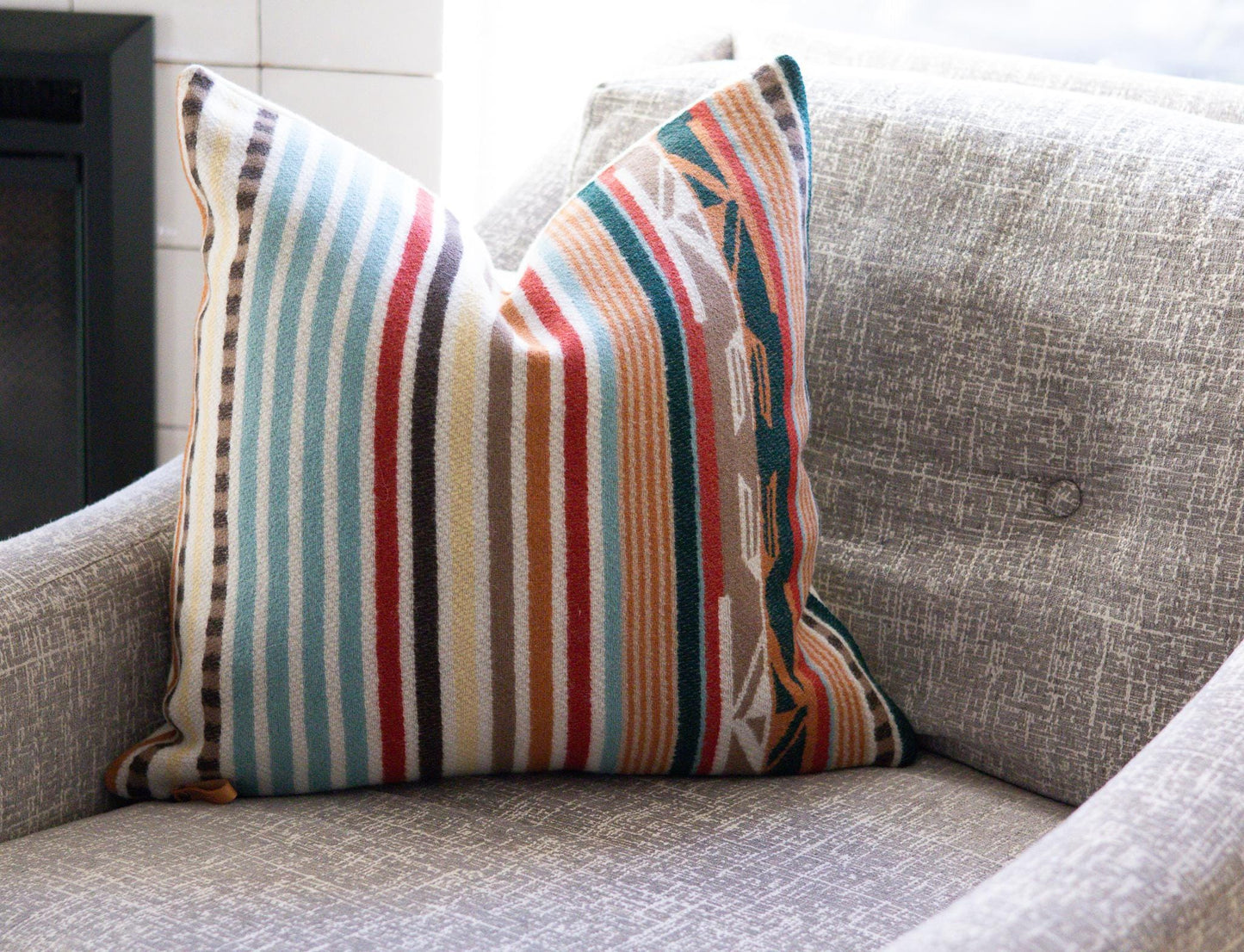 Chimayo Wool Pillow Cover – Aqua/Coral Southwestern Stripe Accent
