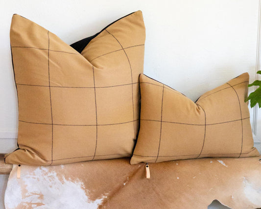 Two brown checkered pillows on a textured surface with a plant in the background