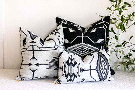 Black and white patterned pillows on a couch with a plant in the background
