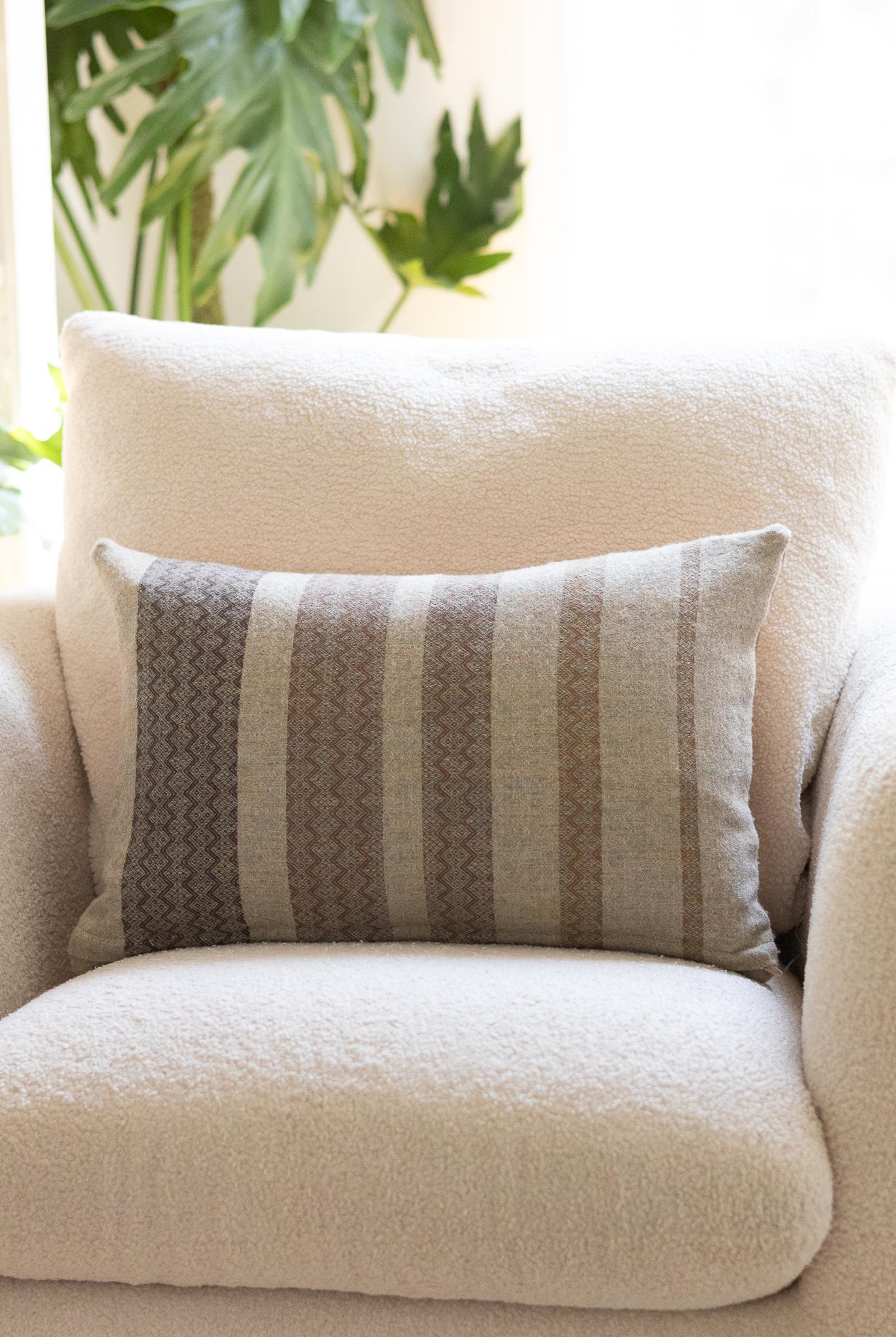 Tan Striped Wool & Leather Lumbar Pillow Cover 12x18, ready to ship