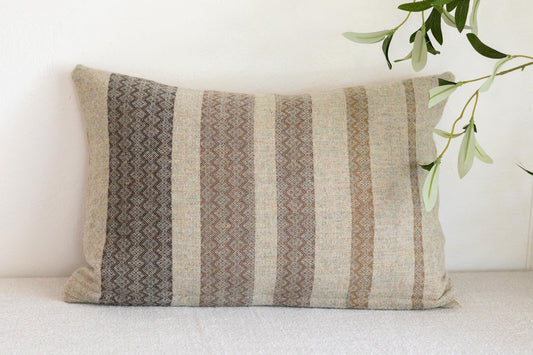 Tan Striped Wool & Leather Lumbar Pillow Cover 12x18, ready to ship