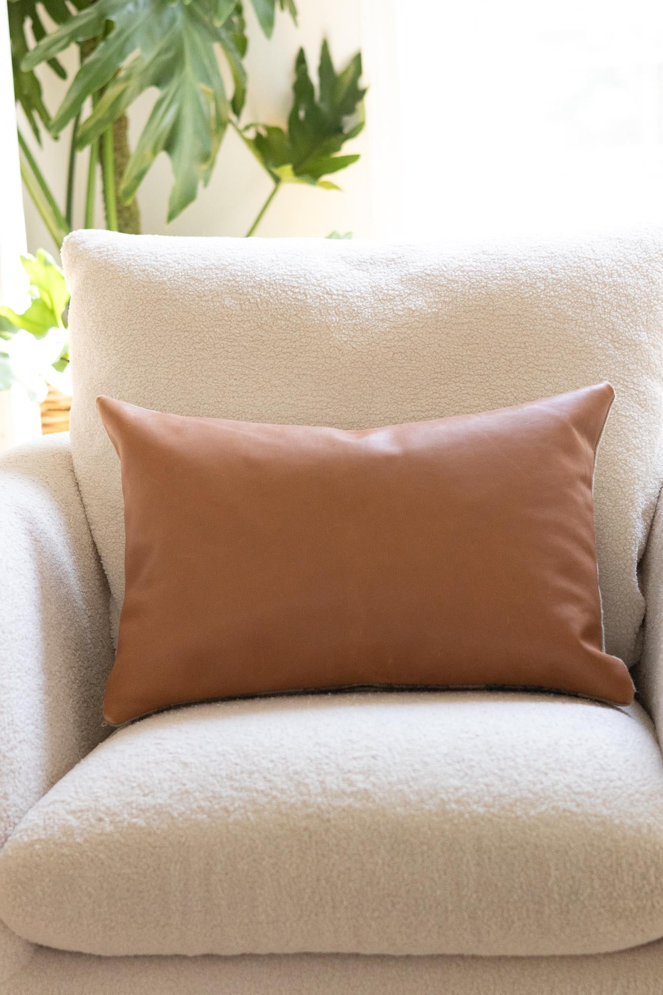 Tan Striped Wool & Leather Lumbar Pillow Cover 12x18, ready to ship
