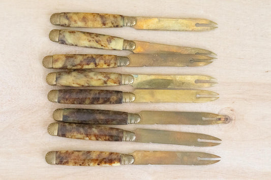 Set of 8 Vintage French Escargot & Seafood Forks – Mid-Century Tortoiseshell & Brass