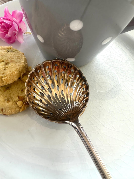 Vintage Silver-Plated Sugar Sifter Spoon with Scalloped Bowl