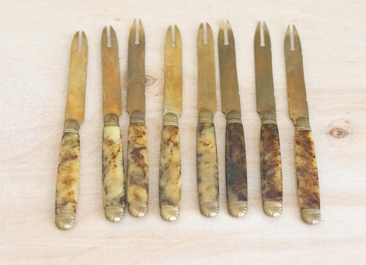Set of 8 Vintage French Escargot & Seafood Forks – Mid-Century Tortoiseshell & Brass