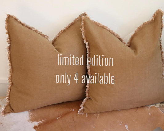 Caramel Linen Pillow Cover with Raw Fringe – Handcrafted Home Decor, Ready to Ship