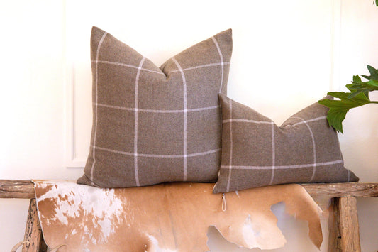 Taupe & Cream Windowpane Wool Pillow Cover – Preppy Plaid Accent