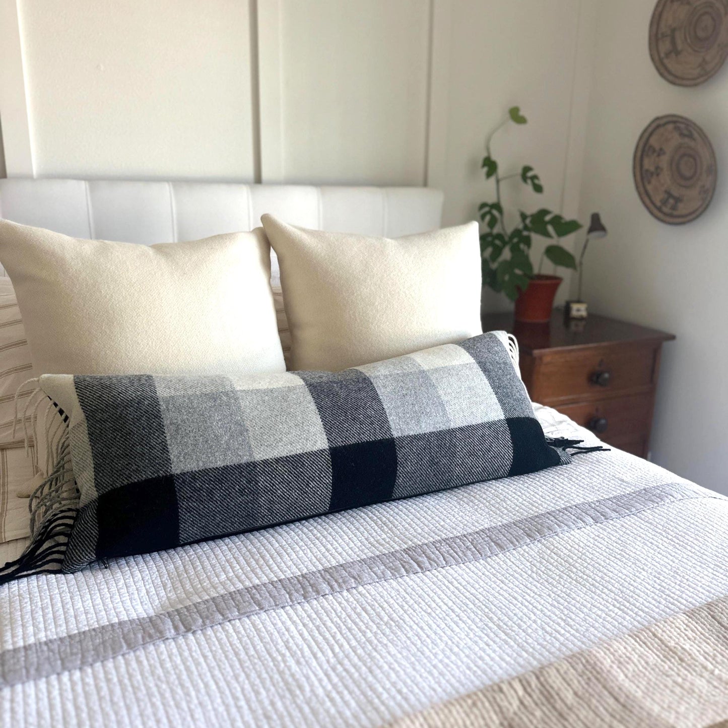Black, Gray, and White Buffalo Plaid Wool Long Lumbar Pillow Cover