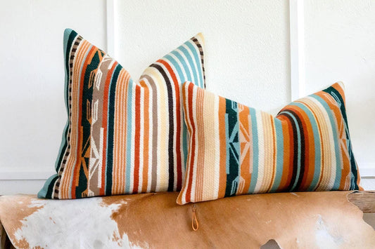 Chimayo Wool Pillow Cover – Aqua/Coral Southwestern Stripe Accent