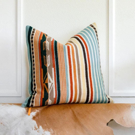 Chimayo Wool Pillow Cover – Aqua/Coral Southwestern Stripe Accent