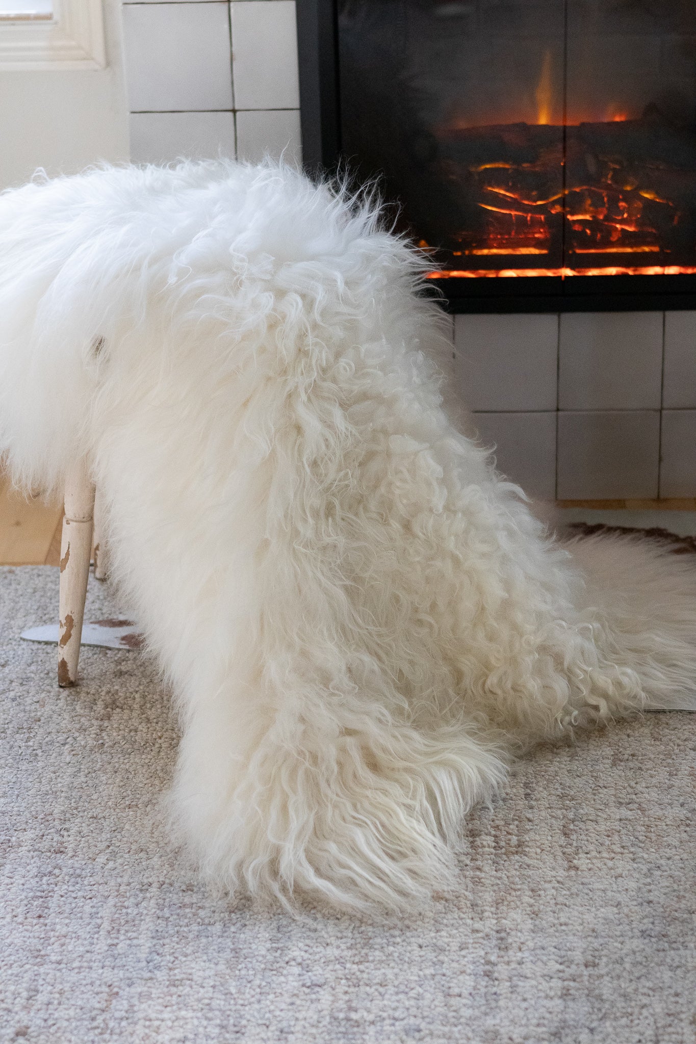 White fluffy rug on a carpeted floor with a fireplace in the background