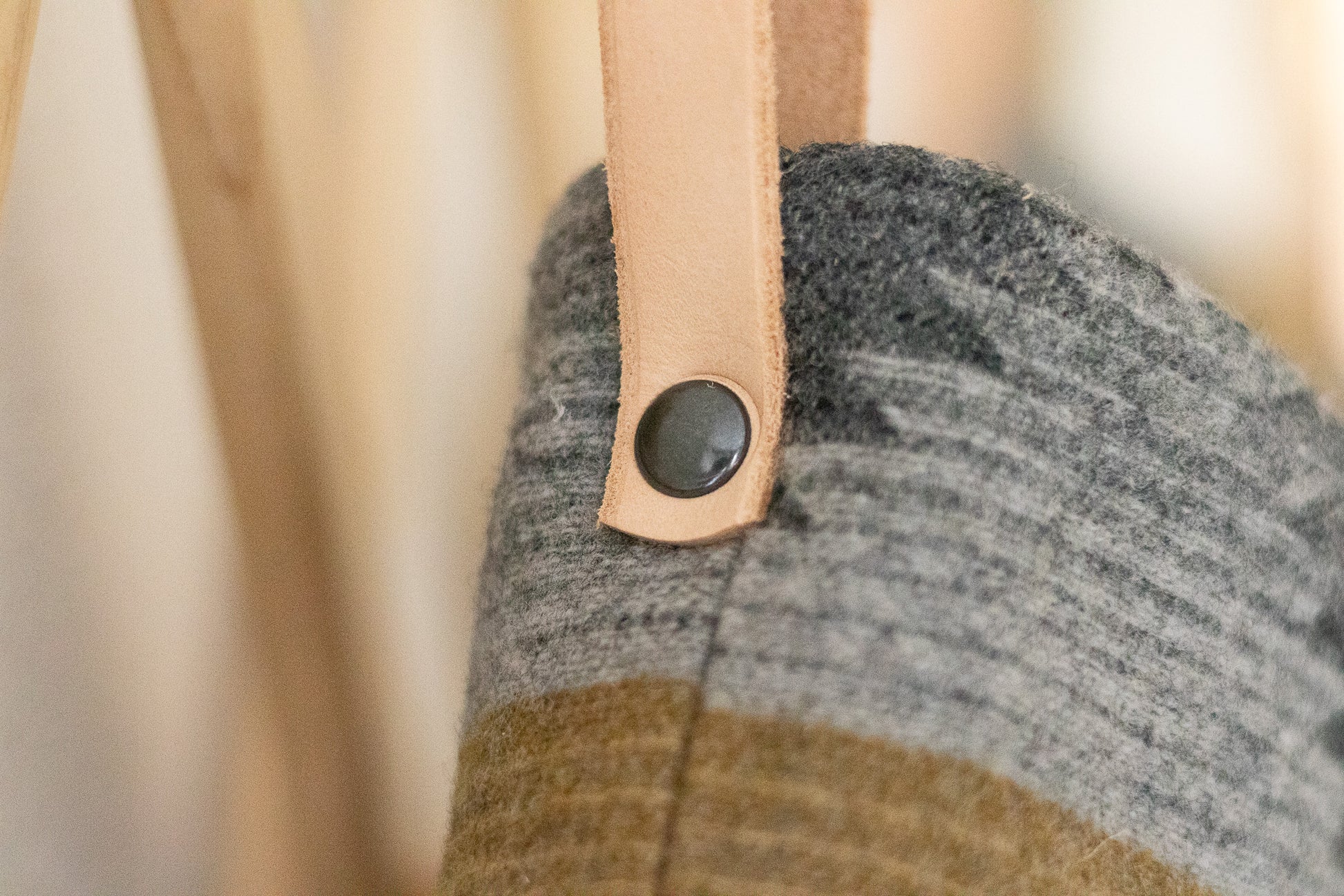 Close-up of a leather hanging loop on a Christmas Stocking