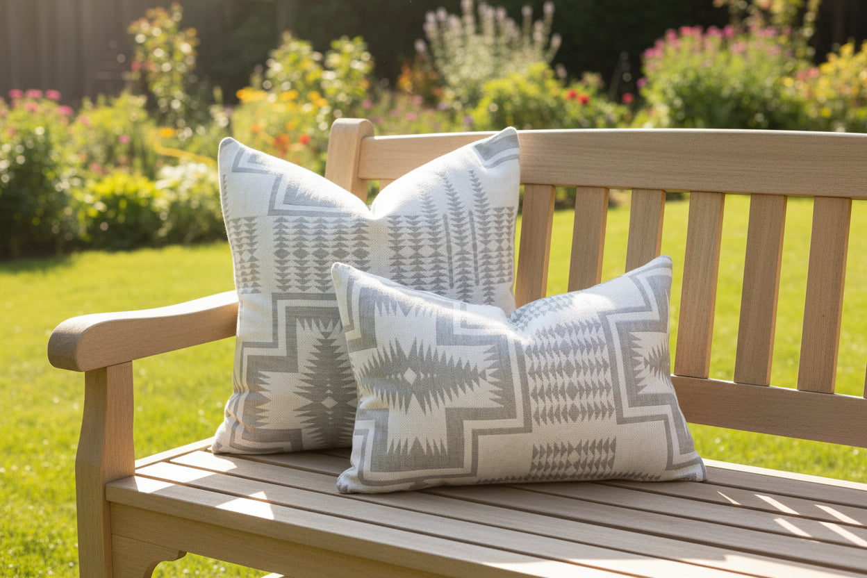 Gray patterned pillows on a wood  bench with a sunny background