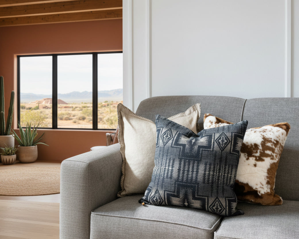 Gray sofa with patterned and textured throw pillows
