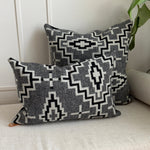 Two patterned pillows on a light-colored sofa