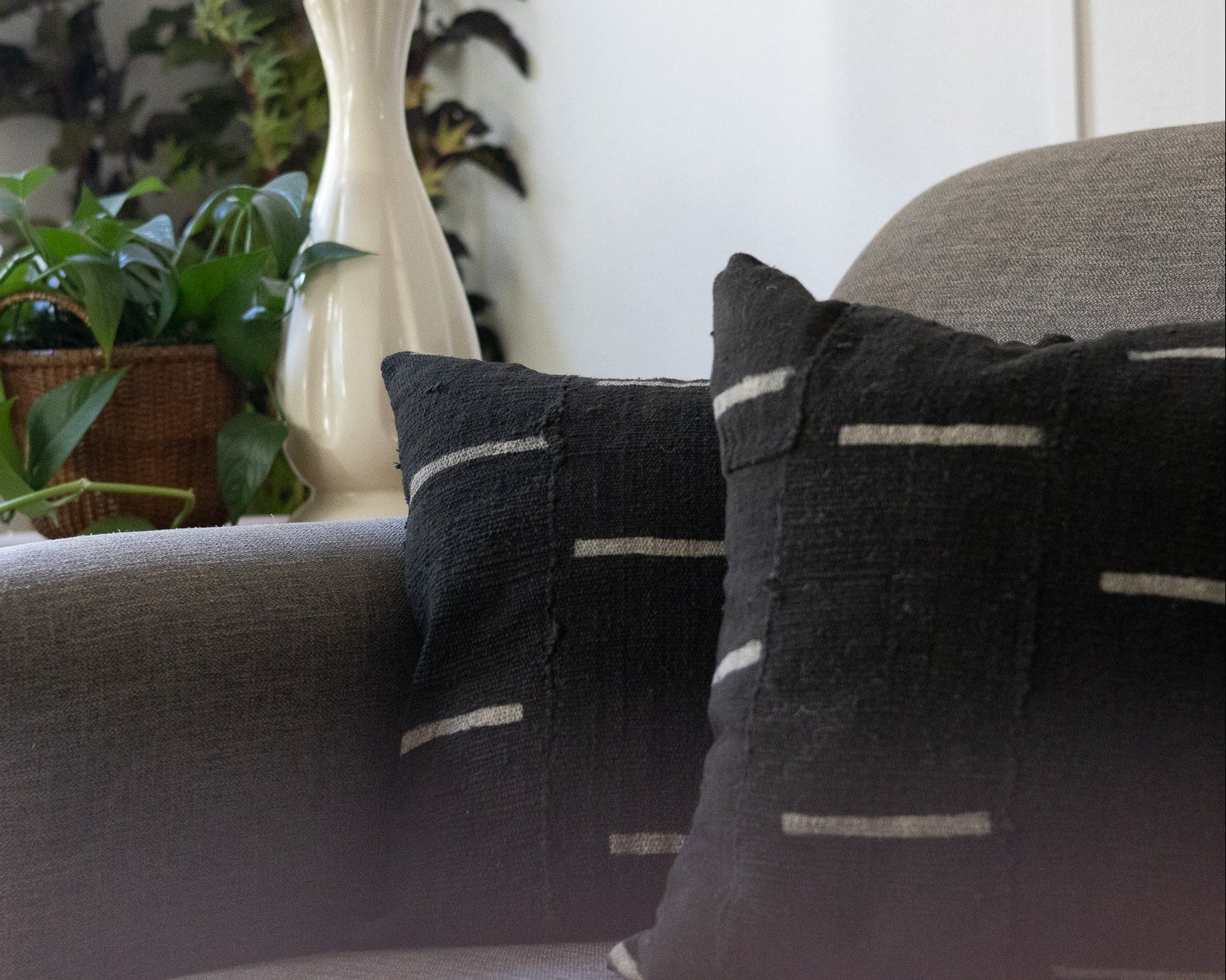 Gray sofa with decorative pillows and a plant in the background