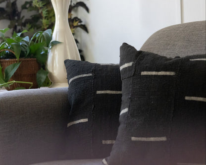 Gray sofa with decorative pillows and a plant in the background