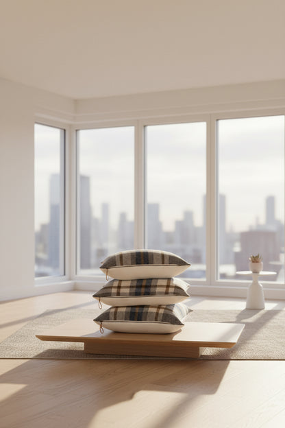 Stack of plaid cushions on a wooden stool against a plain background