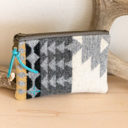 Small pouch with a geometric pattern on a wooden surface
