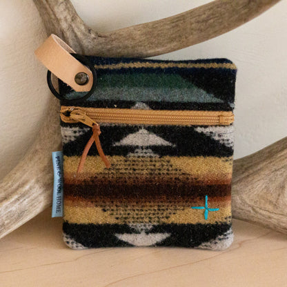Small pouch with a patterned design on a wooden surface