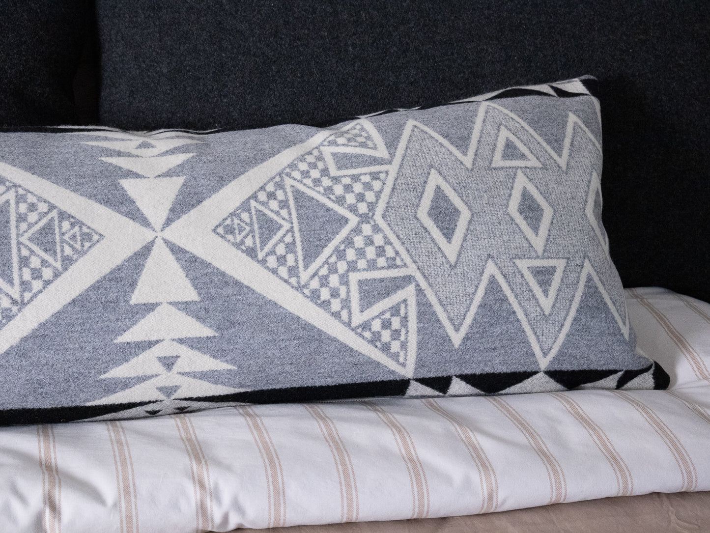 Diamond Ridge Long Lumbar Pillow Cover – Ivory & Gray Wool Jacquard, Made to Order