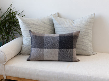 Set of 3 Wool Pillow Covers – Neutral Stripe Pillows with Brown Buffalo Check Lumbar