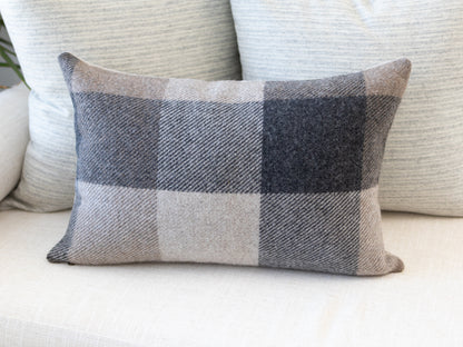 Set of 3 Wool Pillow Covers – Neutral Stripe Pillows with Brown Buffalo Check Lumbar