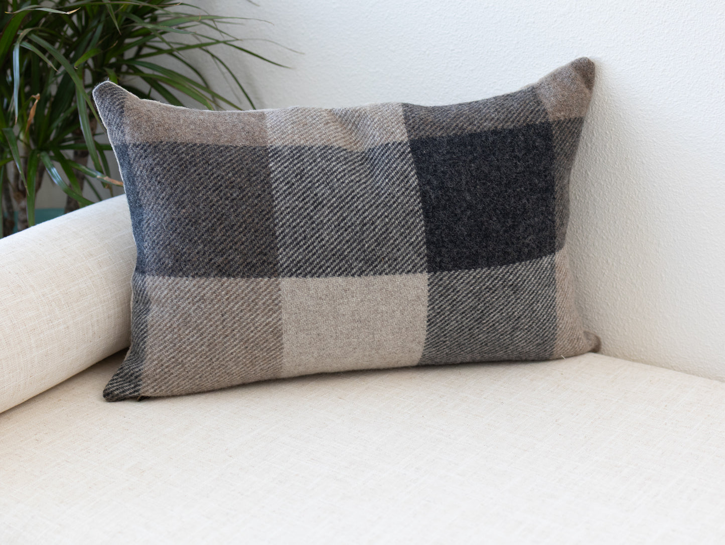 Set of 3 Wool Pillow Covers – Neutral Stripe Pillows with Brown Buffalo Check Lumbar