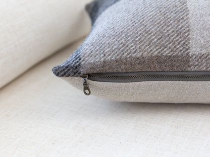Set of 3 Wool Pillow Covers – Neutral Stripe Pillows with Brown Buffalo Check Lumbar