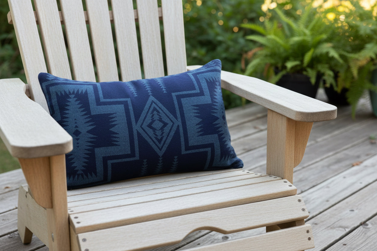 blue patterned pillow on outdoor chair