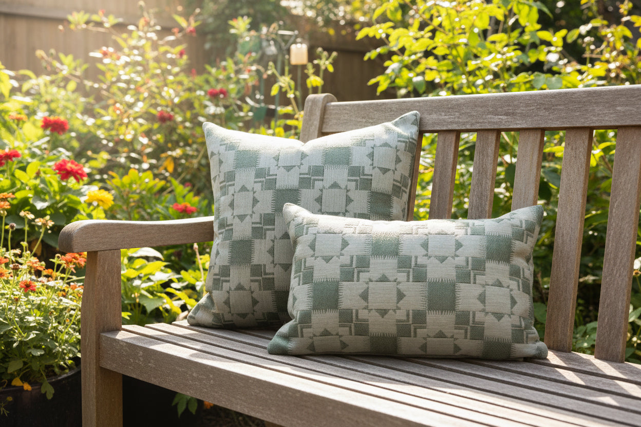 two patterned pillows on a bench in a sunny backyard