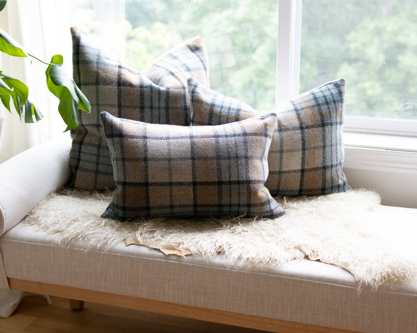Plaid cushions on a sofa with a window and plant in the background