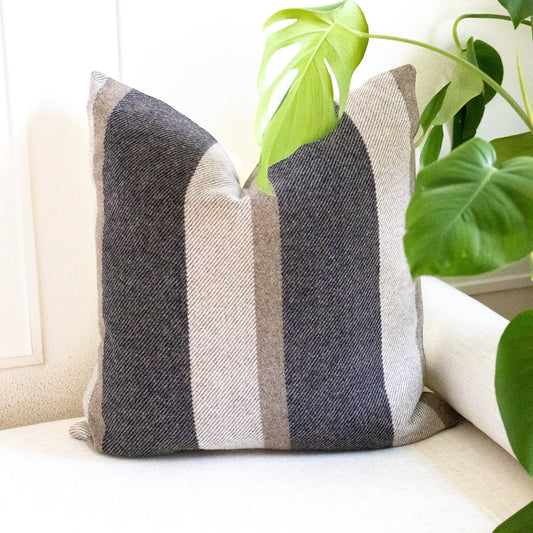 Striped pillow on a couch with a plant in the background