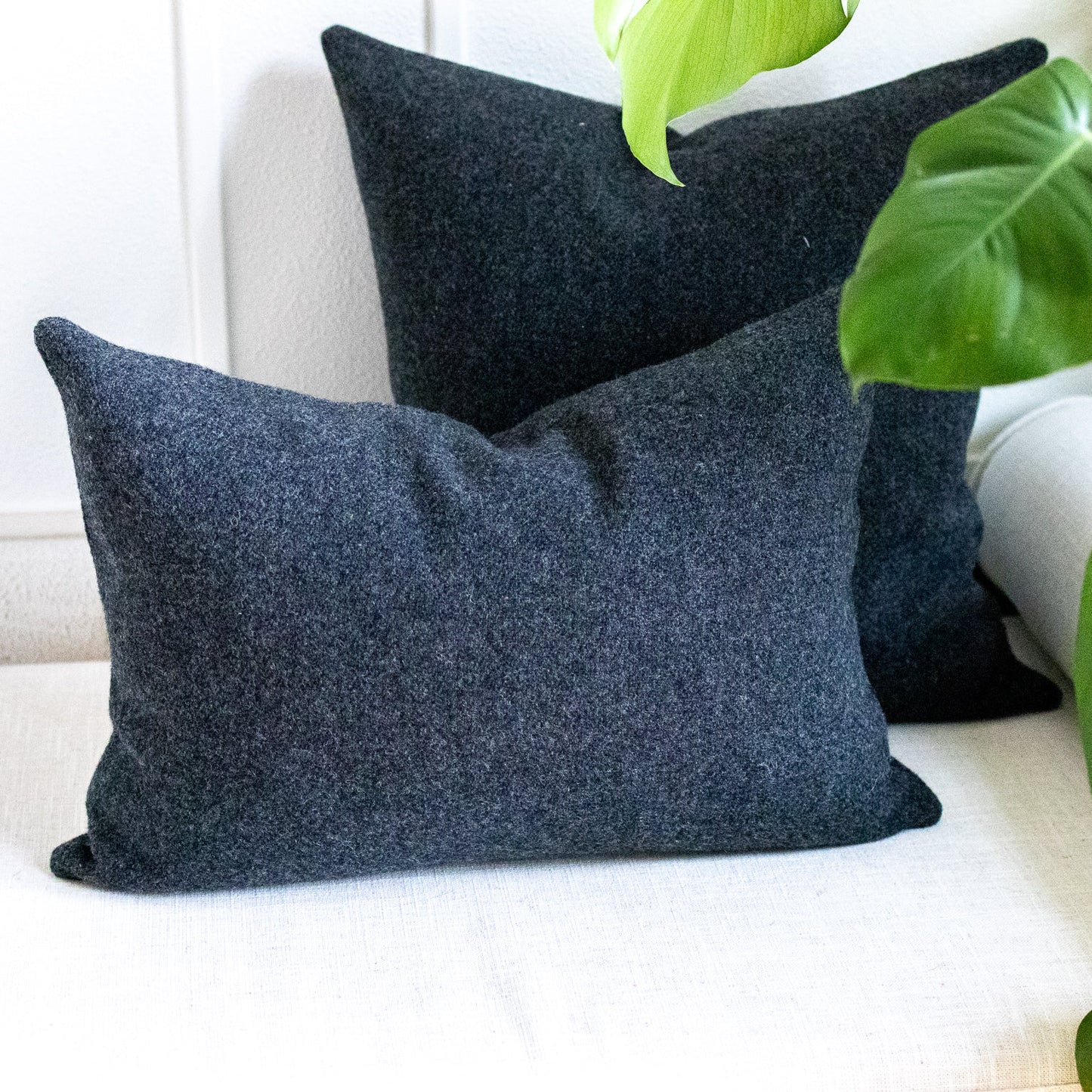 Two dark gray pillows on a white couch with green leaves in the foreground