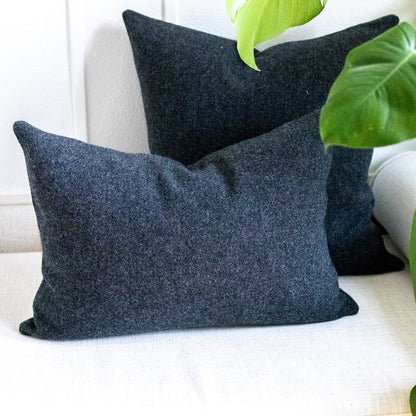 Two dark gray pillows on a white couch with green leaves in the foreground