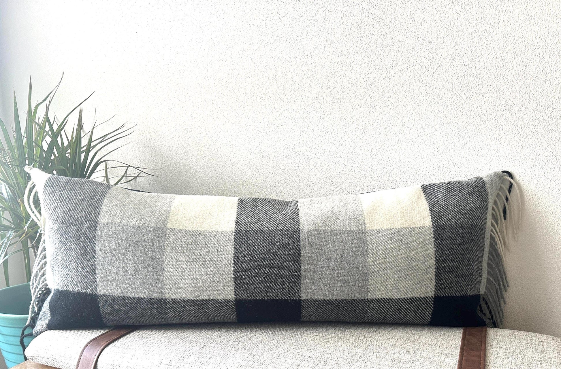Plaid throw blanket on a couch with a plant in the background