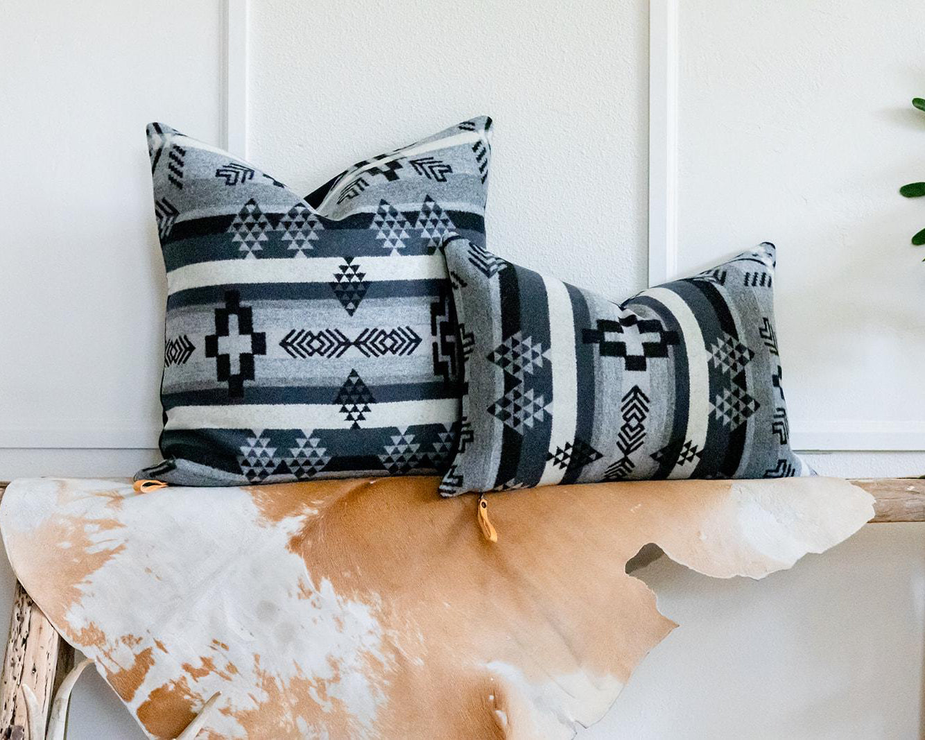 Two patterned pillows on a wooden bench with a white wall and plant in the background