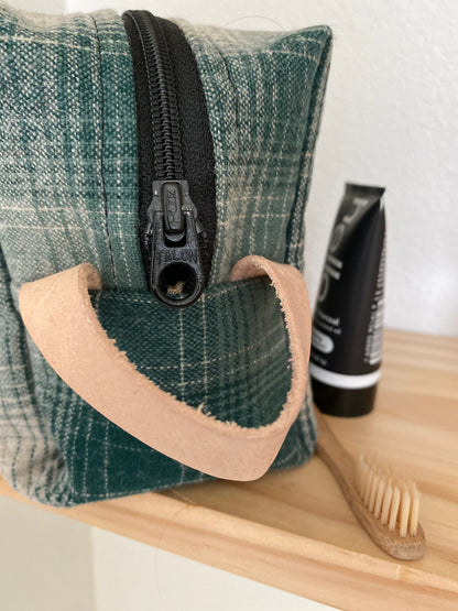 Green Plaid wool lined shaving Dopp kit