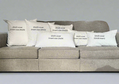 Gray sofa with decorative pillows of various sizes in a living room setting.