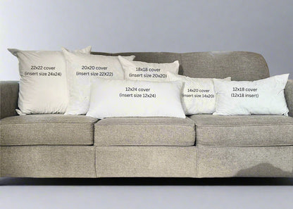 Gray sofa with decorative pillows of various sizes in a living room setting.