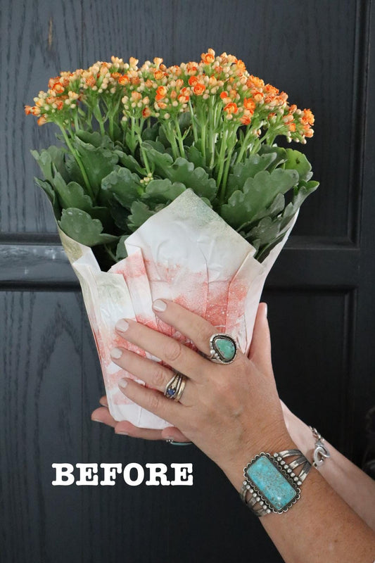 Person holding a bouquet of flowers with 'BEFORE' text on a dark background