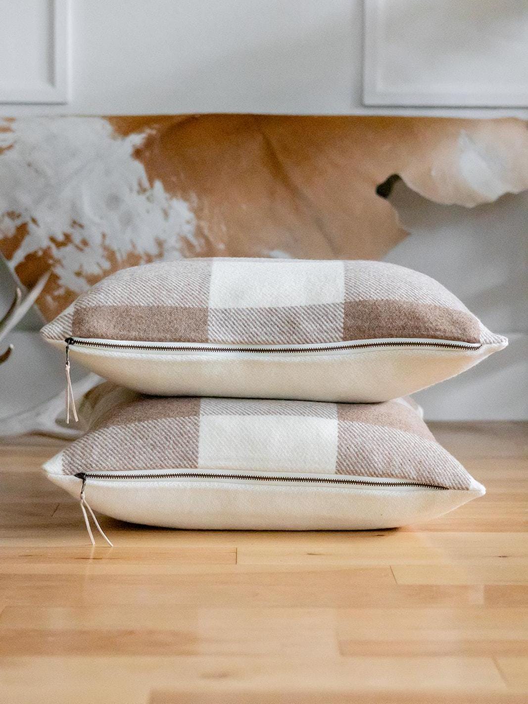 Camel & Cream Buffalo Check Wool Pillow Cover – Ready to Ship