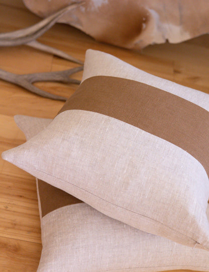 Caramel & Beige Colorblock Linen Pillow Cover – Handmade European Linen Cushion