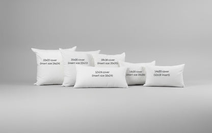 Gray sofa with decorative pillows labeled for size on a carpeted floor.